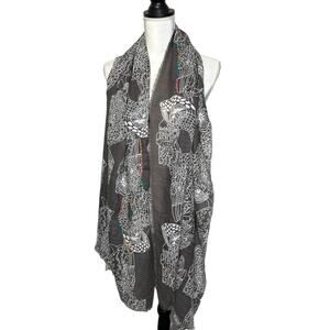 Pins & Needles Anthropologie beaded owl scarf gray and white